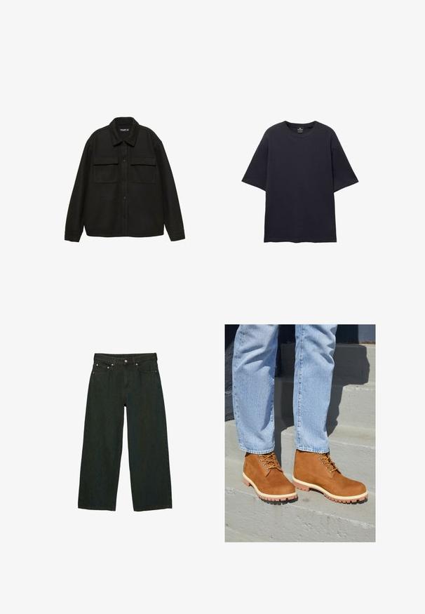 Musta villasekoitekangas joka on takki, jossa on kaulus, napitus edessä ja kaksi rintataskua. Ominaisuuksiin kuuluvat pitkät hihat ja rento istuvuus.; PULL&BEAR SHORT SLEEVE TEXTURED WEAVE - T-paita - dark blue; Tummanvihreät leveälahkeiset farkut, valmistettu denimistä; sisältää etu-napivaatteen ja vetoketjun, viisi taskua sekä hienovaraisia tekstuurivaihteluita.; Ruske mokka ankle boots med gule snørebånd og hvite såler, med et robust mønster på sålen, iført lyseblå denimjeans på trapper.