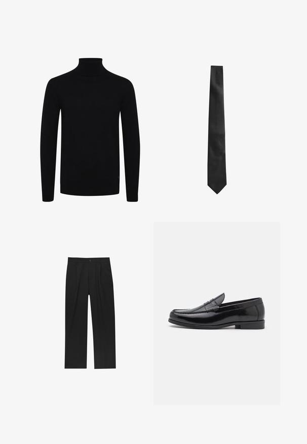 Giubbotto di pelle marrone con colletto e polsini in shearling crema. Presenta una chiusura con zip e tasche laterali inclinate con una finitura liscia.; Maglione a collo alto nero, con maniche lunghe, colletto e orlo a costine, realizzato in un morbido tessuto a maglia, presenta un logo discreto sul lato inferiore.; Camicia bianca a maniche lunghe con bottoni, realizzata in un tessuto liscio. Caratterizzata da un colletto classico, bottoni frontali e polsini con un bottone. Design slim fit.; Pantaloni neri con un design a gamba dritta, realizzati in un tessuto liscio. Presentano pieghe frontali e una chiusura a un bottone in vita.; Mocassini in pelle nera con punta arrotondata, cuciture decorative e tacco basso. Texture liscia con un leggero lucido. Design classico senza decorazioni.; Cravatta nera con una finitura testurizzata, forma stretta e punta appuntita. Il tessuto appare liscio con un motivo sottile.; Guanti in pelle nera con una texture liscia, design a cinque dita e cuciture sottili. Presentano una cinghia al polso con un accento in metallo.
