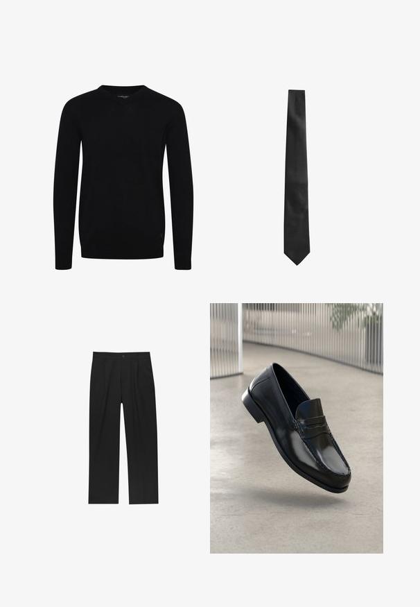 Bruine leren jas met een crèmekleurige schapenfellen kraag en manchetten. Voorzien van een ritsluiting en schuine zijzakken met een gladde textuur.; Zwarte V-hals trui met lange mouwen, gemaakt van een gladde gebreide stof. Heeft een geribbelde zoom en manchetten, met een klein logo detail aan de onderkant.; Witte langesleeve overhemd met knopen, gemaakt van een gladde stof. Kenmerkt zich door een klassieke kraag, voor knopen en manchetten met één knoop. Slim fit ontwerp.; Zwarte broeken met een recht model, gemaakt van een gladde stof. Voorzien van een voorplooien en een enkele knoopsluiting bij de taille.; Zwarte leren loafers met een gladde afwerking, een afgeronde neus, decoratieve stiksels en een licht verhoogde zool.; Zwarte stropdas met een gestructureerde afwerking, smalle vorm en puntsluiting. De stof lijkt glad met een subtiel patroon.; Zwarte leren handschoenen met een gladde textuur, vijfvingerdesign en subtiele stiksels. Bevat een polsband met een metalen accent.