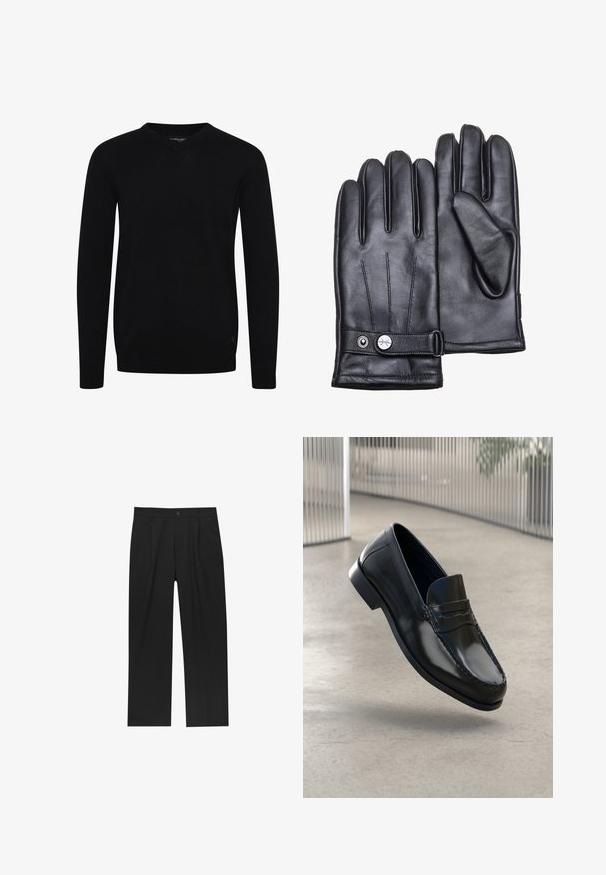 Bruine leren jas met een crèmekleurige schapenfellen kraag en manchetten. Voorzien van een ritsluiting en schuine zijzakken met een gladde textuur.; Zwarte V-hals trui met lange mouwen, gemaakt van een gladde gebreide stof. Heeft een geribbelde zoom en manchetten, met een klein logo detail aan de onderkant.; Zwarte broeken met een recht model, gemaakt van een gladde stof. Voorzien van een voorplooien en een enkele knoopsluiting bij de taille.; Zwarte leren loafers met een gladde afwerking, een afgeronde neus, decoratieve stiksels en een licht verhoogde zool.; Zwarte leren handschoenen met een gladde textuur, vijfvingerdesign en subtiele stiksels. Bevat een polsband met een metalen accent.
