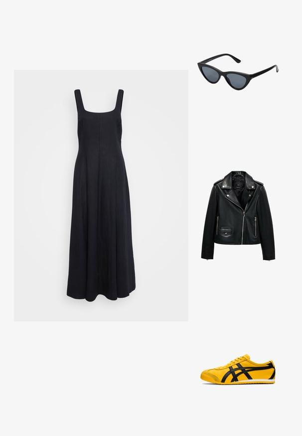 Sort lædermotorcykeljakke med lynlåslukning, trykknapper, struktureret overflade, skulderstropper og sidelommer.; Sort linned maxi kjole med firkantet udskæring, brede skulderstropper og en svajende nederdel. Glat tekstur og minimalistisk design.; Gul atletisk sko med sorte accenter, glat lædertekstur, buet design, rund tå, flad hvid sål og fremtrædende branding på siden.; Sorte katteøje solbriller med mørkegrå linser, slankt plastisk stel, spidse hjørner og lige stænger. Ingen synlig hardware eller dekorationer.; Sølvmetal øreringe med et bølgende, skulpturelt design, der har en poleret overflade og uregelmæssige former, hvilket fremhæver en moderne æstetik.