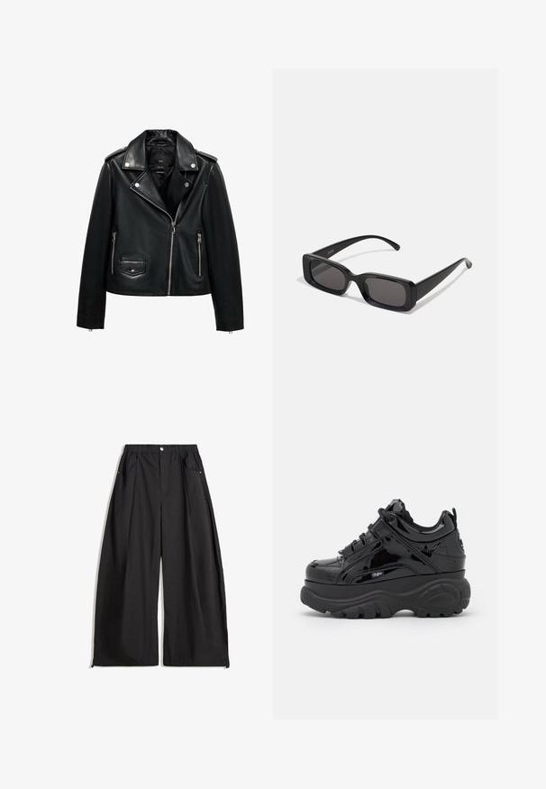 Svart läder motorcykeljacka med dragkedja fram, tryckknappar, strukturerad yta, axelklaffar och sidofickor.; Svart polotröja i mjukt stickat tyg. Har långa ärmar och en åtsittande design med en rak fåll.; Svarta vidbyxor med hög midja, har veck, knappstängning fram och två sidofickor. Tillverkade av ett tyg med strukturerad yta.; Svarta plattformssneakers med en glänsande lackfinish, med tjocka gummisulor, snörningsdesign och logotypdetalj på sidan.; Svarta rektangulära solglasögon med mörka linser, glänsande yta, breda skalmar och en gedigen ramdesign. Graverat märke på ena skalmen.; Svart scarf gjort av ett mjukt, strukturerat tyg. Har fransade kanter och en rektangulär form, lämplig för att svepa runt halsen.