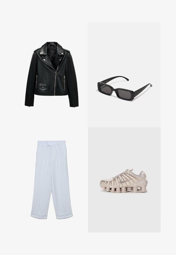 Black leather motorcycle jacket with zippered front, snap buttons, textured finish, epaulets, and side pockets.; White cotton tank top with wide shoulder straps, a round neckline, and a smooth, ribbed texture. No patterns or accents present.; White trousers with vertical light gray stripes, wide-leg design, flat front, and cuffed hems. Made of a smooth, lightweight fabric.; Light beige athletic shoe with a mesh upper, structured design, and a distinctive cushioned sole featuring cylindrical sections.; Black rectangular sunglasses with dark lenses, glossy finish, wide arms, and a chunky frame design. Engraved brand name on one arm.