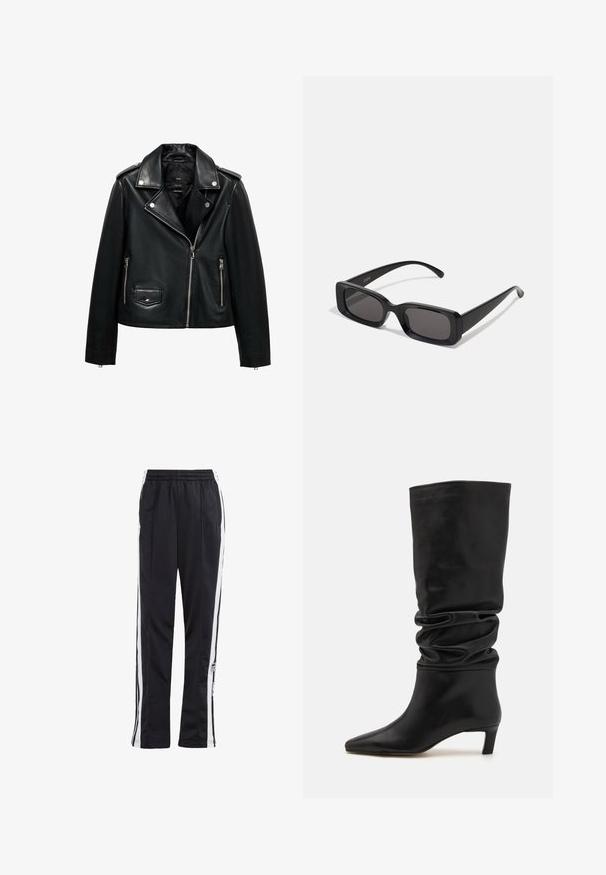 Črna usnjena motociklistična jakna z zadrgo spredaj, s pritrdilnimi gumbi, teksturirano površino, epauleti in stranskimi žepi.; Bela majica bez rukavov, rebrasta tekstura, okrugli izrez, kroj koji prati tijelo, suptilno brendiranje na etiketi unutar ovratnika.; Črne trenirke z belimi stranskimi črtami, elastičnim pasom in logotipnim vzorcem. Narejene iz gladkega, lahkega materiala. Ravninski kroj.; Črne visoke škornje do kolen, izdelane iz gladke usnja, z ohlapnim dizajnom, koničastim nosom in nizkim zloženim peto.; Črne pravokotne sončna očala z temnimi lečami, sijajna površina, široka ročaja in masiven okvir. Vgravirano ime blagovne znamke na eni ročaji.