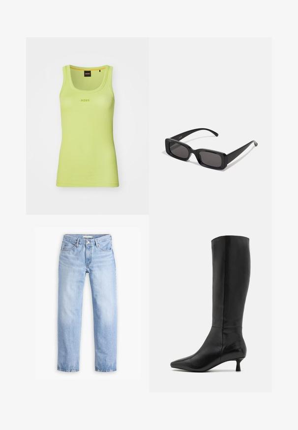 Jachetă de motociclist din piele neagră, cu fermoar frontal, nasturi cu capsa, finisaj texturat, epauleți și buzunare laterale.; Top sans manșon cu dungi, de culoare verde lime strălucitor, cu guler rotund. Prezintă logo-ul "BOSS" brodat în fir asortat, centrat pe piept.; Jeans din denim de culoare albastră deschisă, cu un design drept, cinci buzunare și talie medie. Prezintă o textură decolorată și tiv cusut.; Zign Cizme - black; Ochelari de soare negri, cu ramă rectangulară, lentile întunecate, finisaj lucios, brațe late și un design masiv. Numele mărcii gravat pe una dintre brațe.
