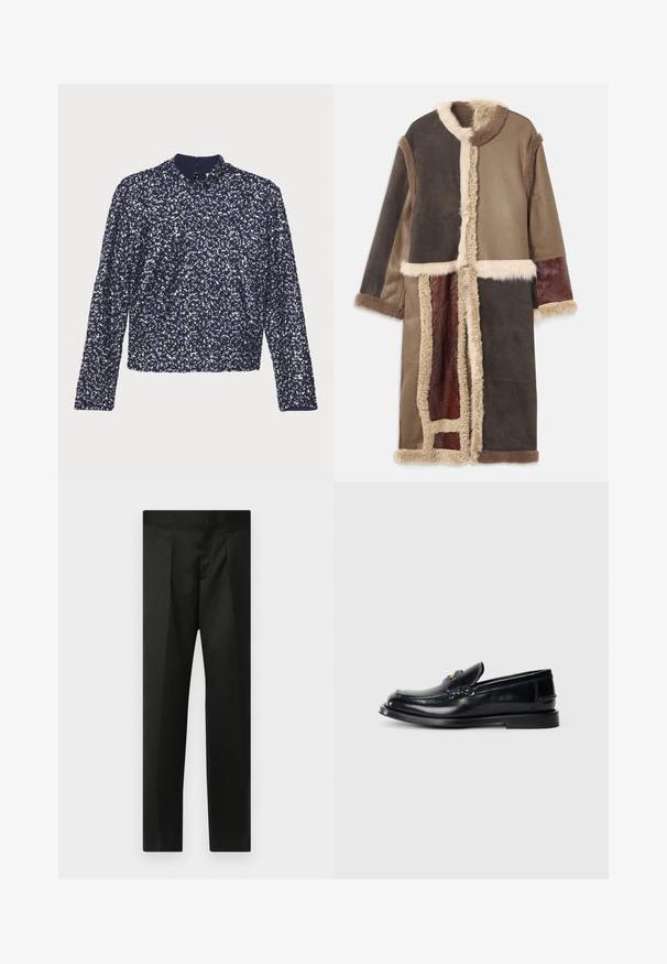 Ilgas, daugiabriaunis paltas, pagamintas iš zomšos ir avikailio, rudos spalvos atspalvių, su dirbtinio kailio apvadu ir kontrastuojančiomis tekstūruotomis dalimis.; Tamsiai mėlyna bliuska su ilgomis rankovėmis, aukšta apykakle ir užtrauktuku ant nugaros. Ypatybė yra tekstūruotas paviršius, padengtas tankiai išdėstytais blizgučiais.; Juodos kelnės su lygiu audiniu, pritaikytu dizainu, tiesiomis kojomis ir plokščiu juosmeniu be matomų užsegimų ar kišenių.; Juodas odinis loafersas su siuvinėjimu, maža priekine skiltimi ir plokščiu guminiu padu. Lygus paviršius su aukso tono detalėmis.