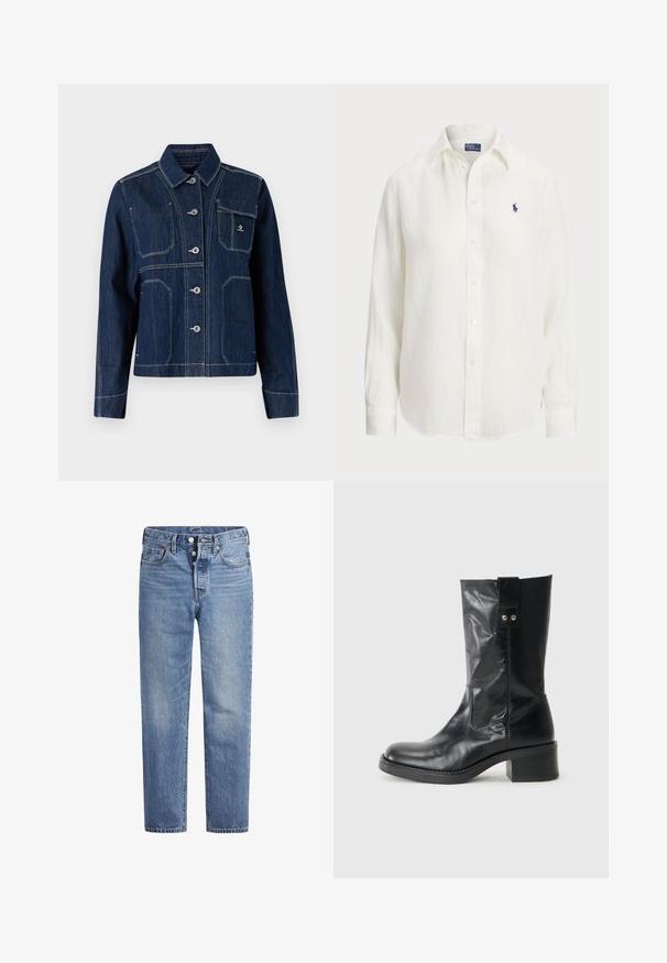 Tummansininen farkkutakki, jossa on klassinen kaulus, napitus ja hopeanväriset yksityiskohdat. Takissa on kaksi rintataskua ja kontrastivalkoista tikkausta.; Valkoinen pellavapaita, jossa on pitkät hihat, napitettava kauluksella ja etunapidat. Rintapielessä on pieni sininen brodeerattu logo.; Vaaleansiniset farkut suoran leikkauksen, viiden pussin designin ja nappisuljenta. Ominaisuuksiin kuuluu hienoinen haalistuminen ja oranssit ompeleet.; Musta nahkainen nilkkuri, jossa on pyöreä kärki, vaatimaton kasattu korko ja koristeellinen sivuosa. Materiaali on sileä ja kiiltävä.