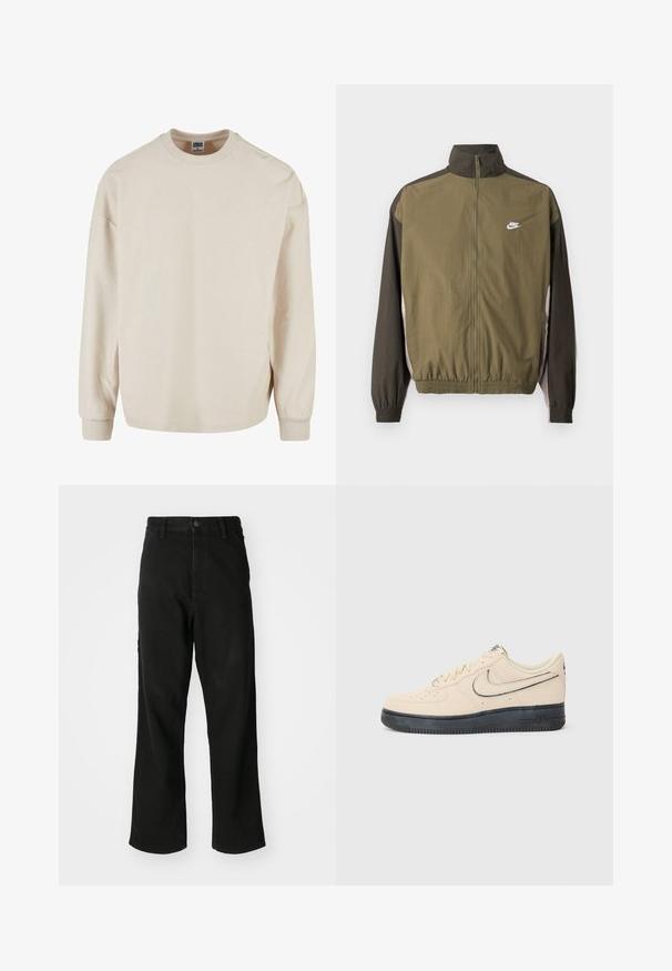 Alyvmedžio žalia Nike striukė su aukštu apykakle, kontrastingais juodais rankovėmis, elastinga juosmena ir baltu logotipu ant krūtinės. Lygi, lengva medžiaga.; Šviesiai ruda juostuota ilgomis rankovėmis palaidinė su apvalia iškirpte, turinti nuleistas pečių linijas ir juostuotus rankogalius. Minkšta tekstūra ir laisvas kirpimas.; Juodos tiesaus kirpimo džinsai su mygtukų uždarymu, diržo kilpelėmis ir priekinėmis kišenėmis ant vienodos baltos fono.; Bežiniai zomšiniai Nike Air Force 1 sportbačiai su juodu guminio pado, siuvinėjimais, perforuotu pirštu ir išsikišusiu swoosh logotipu.