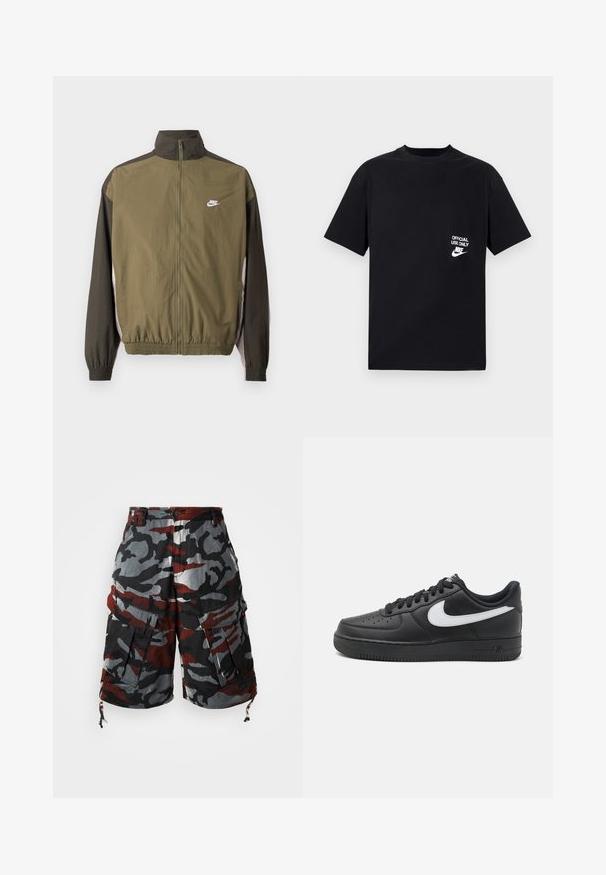 Olivgrüne Nike-Jacke mit hohem Kragen, kontrastierenden schwarzen Ärmeln, elastischem Saum und weißem Logo auf der Brust. Glattes, leichtes Material.; Schwarzes Baumwoll-T-Shirt mit kurzen Ärmeln und rundem Halsausschnitt, mit weißen Text "NUR FÜR OFFIZIELLE NUTZUNG" und Nike-Logo auf der linken Brust.; Camo Cargo-Shorts aus rotem, schwarzem und grauem Stoff. Mit mehreren Taschen, verstellbaren Zugbändern am Saum und einem lässigen Schnitt.; Schwarze Nike Air Force 1 Sneakers mit einem glatten Lederobermaterial, weißem Logo-Akzent, durchlöchtem Zehenbereich und strukturierter Gummisohle.