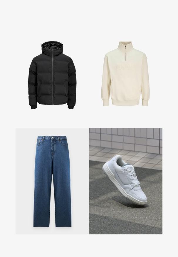 Čierna vypchatá bunda s kapucňou, s predným zipsom, patentnými manžetami a hladkým povrchom. Žiadne viditeľné logá ani vzory.; Krémový pulóver s krátkym zipsom a predným vreckom. Na hrudi má reliéfne písmená "ORIGINALS" a rebrované manžety.; Modré džínsy s rovnými nohavicami, vysokým pásom a dvoma prednými vreckami. Majú klasické prešívanie a zapínanie na gombík.; Biele kožené tenisky s perforovanými stranami, textúrovanými akcentmi, plochými šnúrkami a kontrastnou sivou pätou. Majú mierne zvýšenú podrážku.