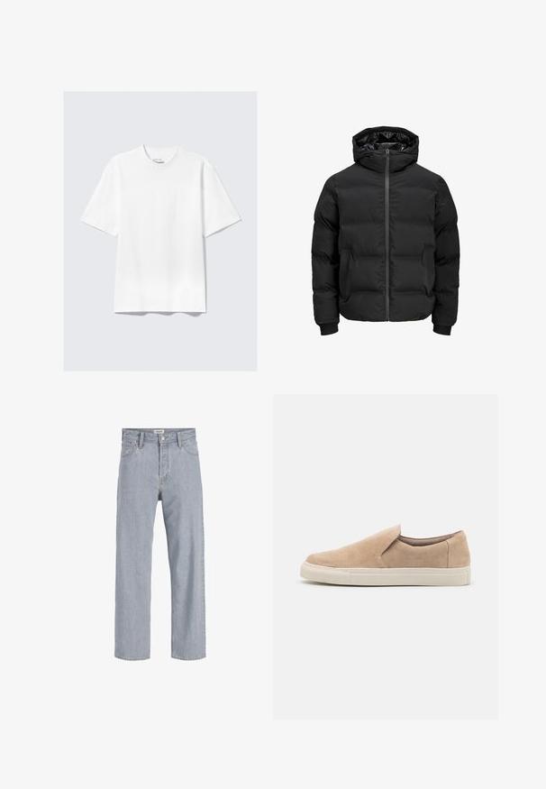 Black padded jacket with a hood, featuring a front zipper closure, ribbed cuffs, and a smooth texture. No visible logos or patterns.; Dark navy turtleneck sweater made of soft, stretchy fabric. Features long sleeves and ribbed cuffs and hem. Simple, clean design.; Plain white short-sleeve relaxed-fit T-shirt laid flat on light gray background.; Light blue denim jeans with a relaxed fit, straight leg design, visible stitching, two front pockets, and a button closure.; Beige slip-on shoe made of suede, featuring a rounded toe, elastic side, and a white rubber sole with textured accents.