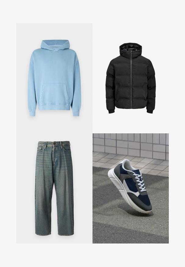 Schwarze gepolsterte Jacke mit Kapuze, ausgestattet mit einem Reißverschluss auf der Vorderseite, gerippten Ärmelbündchen und einer glatten Textur. Keine sichtbaren Logos oder Muster.; Helle blaue Kapuzenjacke aus weichem Stoff. Mit einer vorderen Kängurutasche, gerippten Bündchen und einer lässigen Passform. Glatte Textur.; Helle blaue Denim-Jeans mit lockerer Passform, mittelhoher Taille und geraden Beinen. Hat fünf Taschen, Gürtelschlaufen und einen Knopfverschluss.; Sneaker mit einem Obermaterial aus navyblauem Mesh, grauen Wildlederelementen, einer weißen Gummisohle und flachen weißen Schnürsenkeln, entworfen für Komfort und Atmungsaktivität.