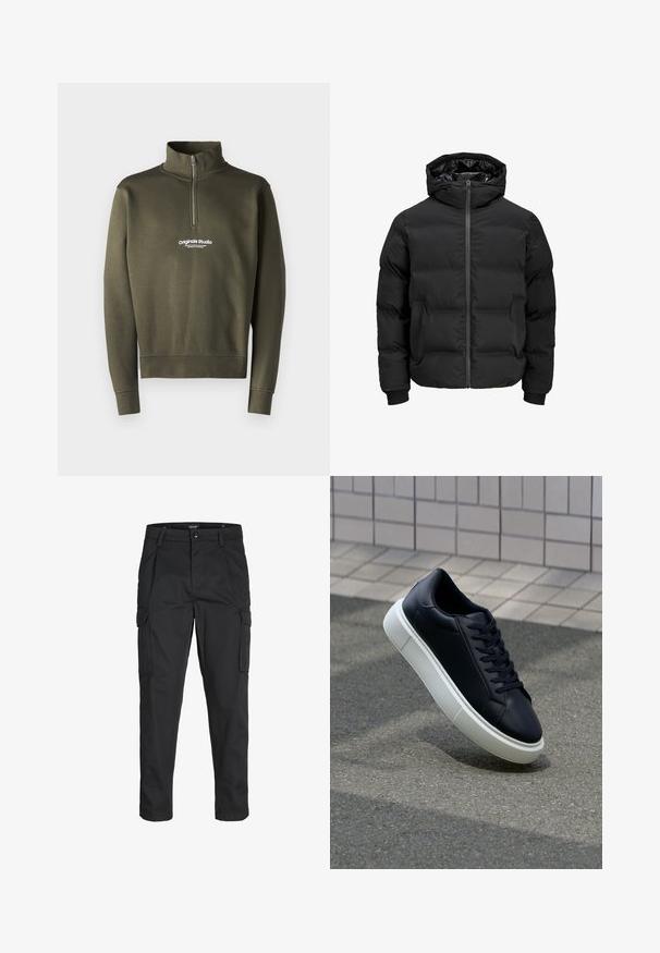 Black padded jacket with a hood, featuring a front zipper closure, ribbed cuffs, and a smooth texture. No visible logos or patterns.; Olive green zip-up sweatshirt with high collar, featuring a white logo on the chest, made from a soft, textured fabric.; Black cargo pants made of sturdy fabric, featuring multiple pockets, a button closure, and a slim fit design with tapered legs.; Black leather sneaker with rounded toe and white rubber sole. Features flat laces and minimal stitching on the upper. Textured sole for grip.