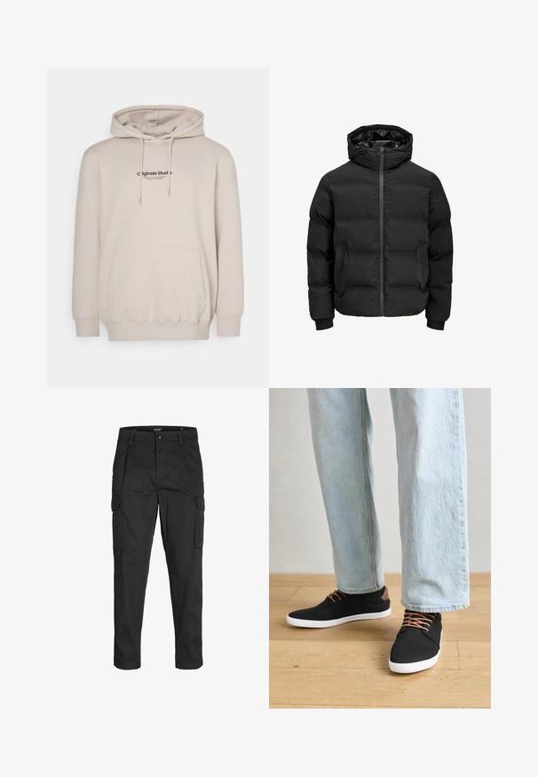 Veste noire rembourrée avec capuche, dotée d'une fermeture éclair sur le devant, de poignets à côtes et d'une texture lisse. Pas de logos ou de motifs visibles.; Jack & Jones JORVESTERBRO HOOD - Sweat à capuche - moonbeam; Pantalons cargo noirs en tissu résistant, dotés de plusieurs poches, d'une fermeture par bouton et d'une coupe slim avec des jambes fuselées.; Baskets en toile noires avec des accents marron, semelles en caoutchouc blanches et lacets marron, associées à un jean droit bleu clair. Fond en bois.
