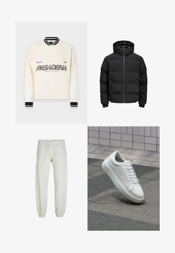 Black padded jacket with a hood, featuring a front zipper closure, ribbed cuffs, and a smooth texture. No visible logos or patterns.; White sweatshirt with black accents, featuring a ribbed collar and cuffs. The front displays “PASADENA” in bold, stylized text.; White sweatpants made from soft fabric, featuring an elastic waistband and cuffs, with a smooth texture and loose-fitting design.; White leather sneaker with a smooth surface, round toe, and flat white laces. Features a textured rubber sole and minimal design elements.