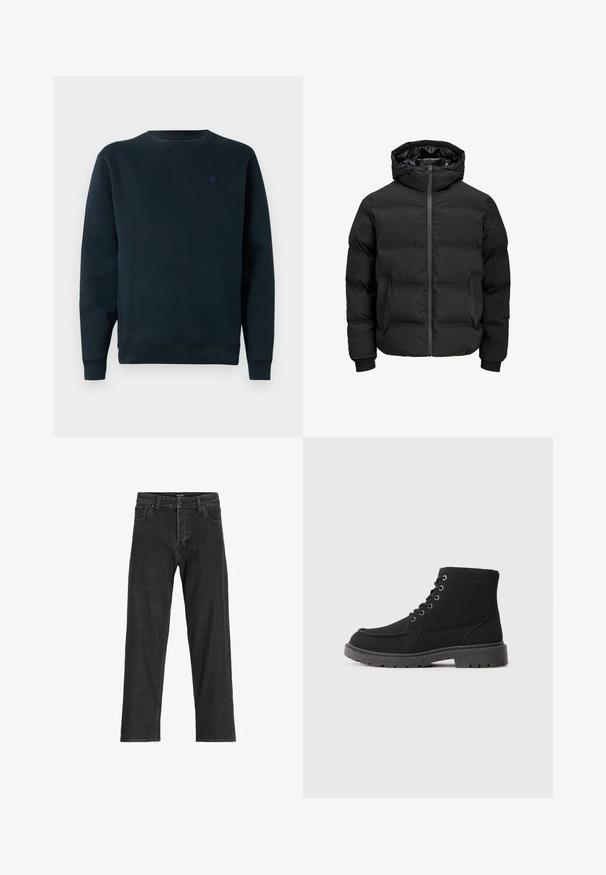 Chaqueta acolchada negra con capucha, que cuenta con un cierre delantero de cremallera, puños acanalados y una textura suave. Sin logotipos ni patrones visibles.; Sudadera de cuello redondo en azul marino, hecha de tela suave, con puños y dobladillo acanalados, y un pequeño logo en el pecho. Diseño simple y minimalista.; Jeans de mezclilla negra con un diseño de pierna recta, que cuentan con una bragueta con cremallera, pasadores para cinturón y seis bolsillos, fabricados en una resistente mezcla de algodón.; Botas negras hasta el tobillo hechas de un material texturizado con una suela plana, punta redonda y cordones con seis ojales. Costura reforzada a lo largo del borde.