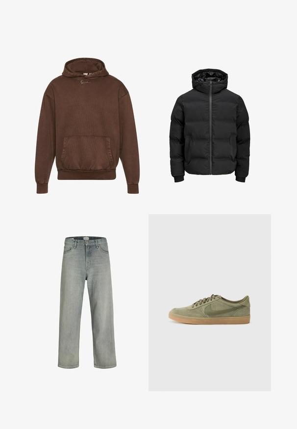 Crna podstava jakna s kapuljačom, koja ima prednje zatvaranje na patentni zatvarač, rebraste manžetne i glatku teksturu. Nema vidljivih logotipa ili uzoraka.; Smešasti smeđi dukserica s kapuljačom, s teksturiranom površinom, prednjim džepom te rebrastim manžetama i porubom. Sadrži minimalistički logo na prsima.; Svijetlosive, široke traperice napravljene od denima. Imaju klasičan dizajn s pet džepova, petlje za remen i ravni kroj nogavica.; Zelene suède tenisice s gumiranim potplatom, okruglim vrhom i dizajnom na vezanje. Imaju Nikeov prepoznatljivi logo u tamnije zelenoj boji.