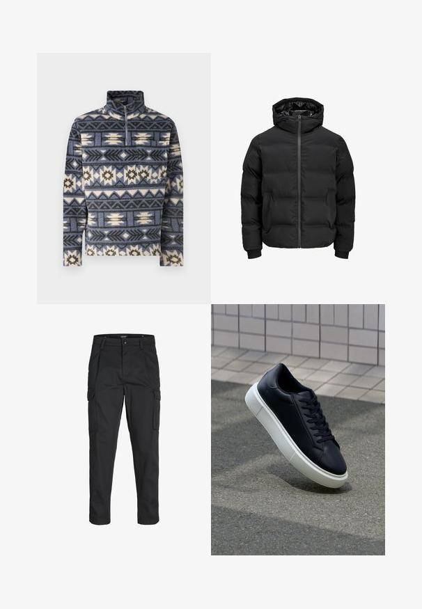 Veste noire rembourrée avec capuche, dotée d'une fermeture éclair sur le devant, de poignets à côtes et d'une texture lisse. Pas de logos ou de motifs visibles.; Jack & Jones JORIBIZA HALF ZIP - Sweat polaire - night shadow blue; Pantalons cargo noirs en tissu résistant, dotés de plusieurs poches, d'une fermeture par bouton et d'une coupe slim avec des jambes fuselées.; Baskets noires en cuir avec bout arrondi et semelle en caoutchouc blanc. Elles présentent des lacets plats et une couture minimale sur la tige. Semelle texturée pour une bonne adhérence.