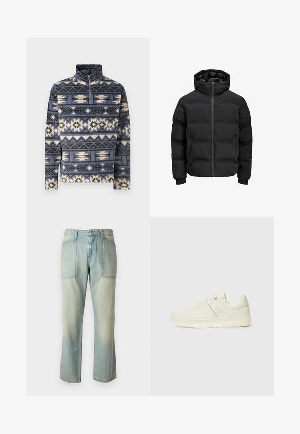 Černá polstrovaná bunda s kapucí, má přední zip, manžety s žebrováním a hladký povrch. Bez viditelných log a vzorů.; Jack & Jones JORIBIZA HALF ZIP - Fleecová mikina - night shadow blue; Světle modré džíny s rovnou nohavicí, viditelným švem a dvěma velkými předními kapsami. Tkanina má vybledlý povrch.; Světlé krémové tenisky s perforovanými detaily, šněrováním a logem na boku, vystavené na jednoduchém bílém pozadí.