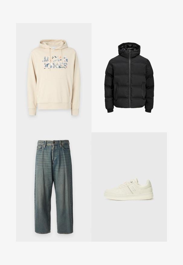Črna podložena jakna s kapuco, z zadrgo na sprednji strani, rebrastimi manšetami in gladko teksturo. Brez vidnih logotipov ali vzorcev.; Bežna kapuca s kengurujem žepom i kapuljačom na vezanje. Ima večbarvno grafično besedilo "JACK & JONES" v tropskem oblikovanju.; Svetlomoderne kavbojke z ohlapnim krojem, srednjim pasom in ravnimi nogami. Imajo pet žepov, zanke za pas in zapiranje na gumb.; Sneaker v kremni barvi s perforiranim detajlom, vezalkami in logotipom na strani, prikazan na enostavni beli ozadju.