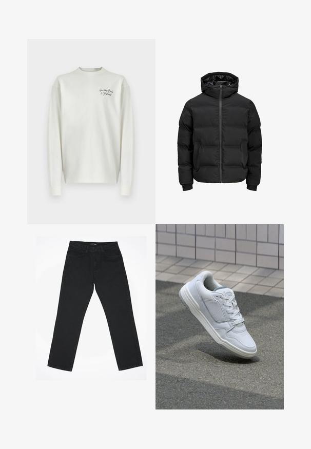 Schwarze gepolsterte Jacke mit Kapuze, ausgestattet mit einem Reißverschluss auf der Vorderseite, gerippten Ärmelbündchen und einer glatten Textur. Keine sichtbaren Logos oder Muster.; Weißes langärmeliges T-Shirt mit Rundhalsausschnitt und kontrastierendem schwarzen, gestickten Text auf der Brust. Hergestellt aus weichem Stoff mit einer lockeren Passform.; Schwarze Jeans aus Denim mit einem geraden Bein-Design, fünf Taschen und einem klassischen Bund. Der Stoff hat eine glatte Textur und minimale Details.; Weiße Ledersneaker mit perforierten Seiten, strukturierten Akzenten, flachen Schnürsenkeln und einer kontrastierenden grauen Ferse. Verfügt über eine leicht erhöhte Sohle.