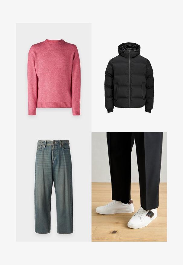 Musta polsterdatud jakk kapuutsiga, millel on ees lukk, soonikkoes varrukad ja sile tekstuur. Nähtavaid logosid või mustreid pole.; Jack & Jones JOROLLIE CREW NECK - Džemper - fuchsia rose; Heledad sinine denim-stiilis teksad, volüümse lõike, keskmise kõrgusega talje ja sirgete säärega. Omab viit taskut, vöökumme ja nööpide sulgemist.; Valged sneakersid siledat tekstuurist, millel on pruunad nahast detailid ja mustad aksessuaarid, millele on sobitatud mustad kohandatud püksid. Puitpõranda taust.