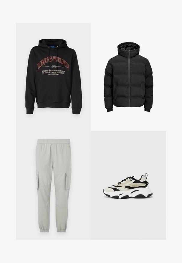 Schwarze gepolsterte Jacke mit Kapuze, ausgestattet mit einem Reißverschluss auf der Vorderseite, gerippten Ärmelbündchen und einer glatten Textur. Keine sichtbaren Logos oder Muster.; Schwarzer Hoodie mit einer Kängurutasche, mit einem roten Textdruck: "JACK&JONES WORLDWIDE" und zusätzlichem Text darunter. Hergestellt aus weichem Stoff.; Helle graue Cargo-Hose mit elastischem Bund, tapered Knöcheln, zwei Seitentaschen und zwei großen Cargo-Seitentaschen. Glatte Stoffstruktur.; Chunky Sneaker mit einem beigen und schwarzen Mesh-Obermaterial, weißer Zwischensohle, schwarzer Gummisohle und Logodetails an der Seite.