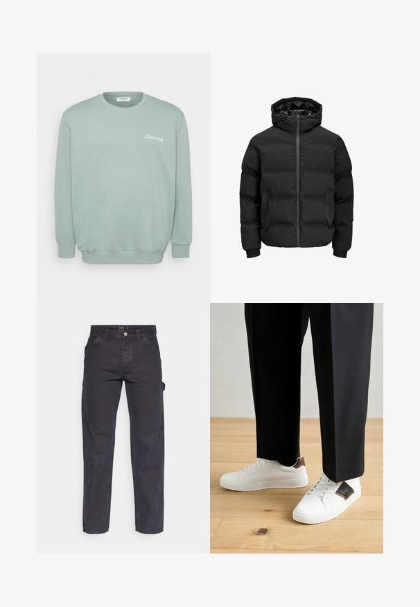 Melna siltināta jaka ar kapuci, ar priekšējo rāvējslēdzēju, ribotu aproču un gludu tekstūru. Nav redzamu logo vai rakstu.; Piparmētru zaļas krāsas džemperis ar apaļu kakla izgriezumu, izgatavots no mīksta kokvilnas maisījuma. Iezīmēts ar ribotas aproces un apakšmali, uz kura priekšpuses ir balta uzdruka "Club1990".; Tumši pelēki kravas bikses, kas izgatavotas no izturīga auduma, ar taisnu piegriezumu, piecām kabatām un pogu aizdari viduklī.; Baltā pārsoļa apavi ar gludu tekstūru, papildināti ar brūniem ādas akcentiem un melniem elementiem, savienoti ar melnām pielāgotām biksēm. Koka grīdas fons.