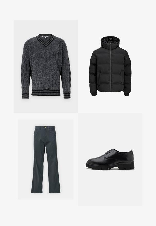 Melna siltināta jaka ar kapuci, ar priekšējo rāvējslēdzēju, ribotu aproču un gludu tekstūru. Nav redzamu logo vai rakstu.; Pelēks adīts džemperis ar kabeli. V-veida dizains, melna ribota apmale apkaklei un malām. Uz krūšu ir neliels melns logo.; Melnas bikses ar taisnu kāju griezumu, izgatavotas no kokvilnas maisījuma auduma. Tām ir metāla pogas aizdare un sānu kabatas. Nav redzamu rakstu.; Melnas ādas kurpes ar gludu virsmu, šņoru dizainu un biezām, robustām gumijas zolēm ar dziļiem protektoriem, lai nodrošinātu saķeri.