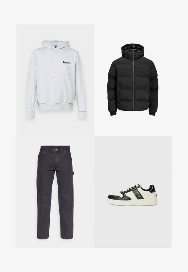 Czarna ocieplana kurtka z kapturem, z przodem zapinanym na zamek błyskawiczny, ściągaczami przy mankietach oraz gładką fakturą. Brak widocznych logotypów lub wzorów.; Jasnoszara bluza z kapturem z kangurzą kieszenią, ściągaczami na rękawach i dolnym wykończeniu. Na lewej piersi znajduje się czarny napis "Bowery". Wykonana z mieszanki bawełny.; Ciemnoszare spodnie cargo wykonane z trwałej tkaniny, z prostymi nogawkami, pięcioma kieszeniami i zapięciem na guzik w talii.; Skórzane sneakersy w czarno-kremowym schemacie kolorystycznym, z perforowanymi akcentami, wyściełanym kołnierzem i teksturowaną podeszwą.