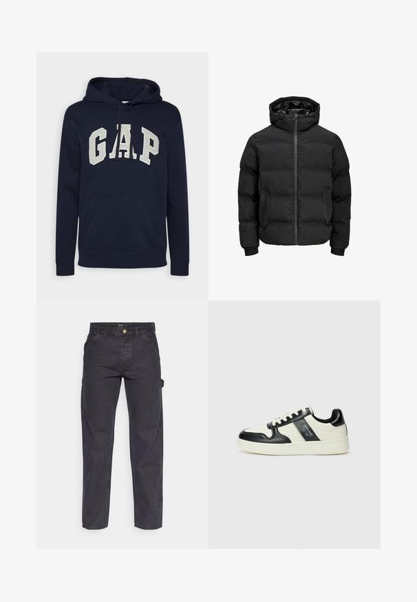 Geacă neagră căptușită cu glugă, având un fermoar frontal, manșete rib knit și o textură netedă. Fără logo-uri sau modele vizibile.; Hanorac din bumbac de culoare bleumarin, având un logo mare "GAP" de culoare gri deschis, buzunar frontal tip pouch și șireturi la glugă. Design clasic cu manșete ribbate.; Pantaloni cargo gri închis, confecționați dintr-un material durabil, cu croială dreaptă, cinci buzunare și închidere cu nasture la talie.; Tenisi din piele cu un scheme de culori negru și crem, dotati cu accente perforate, guler căptușit și o talpă texturată.