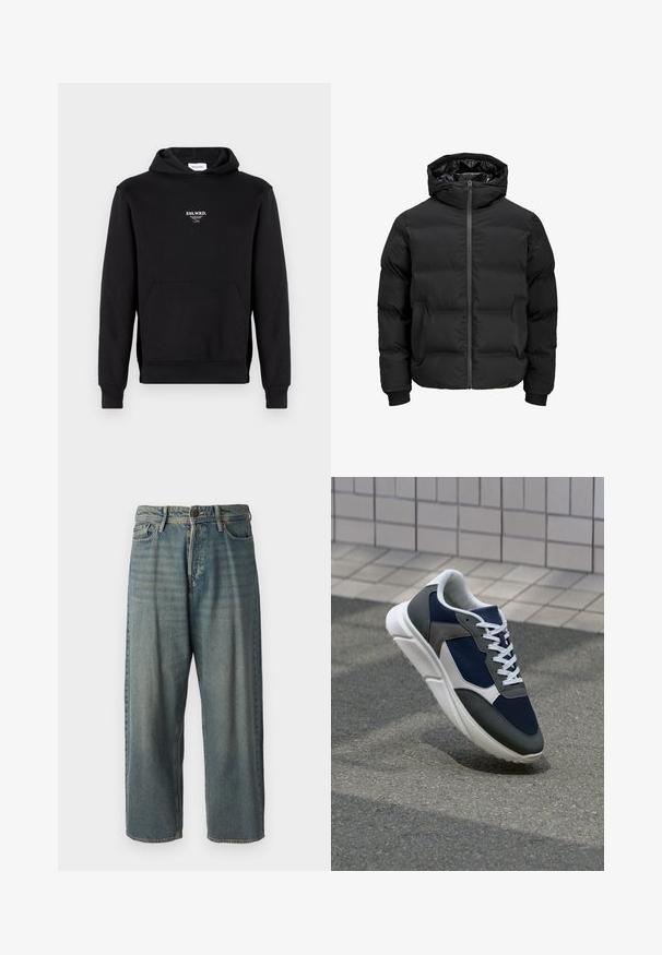 Sort polstret jakke med hætte, der har en frontlynlås, ribbede manchetter og en glat tekstur. Ingen synlige logoer eller mønstre.; Sort hoodie lavet af en bomuldsblanding, med en frontlomme, ribbede manchetter og et lille broderet logo i hvidt på brystet.; Lyseblå denim jeans med løs pasform, mellemhøj talje og lige ben. Har fem lommer, bæltestropper og en knappelukning.; Sneakers med en overdel i marineblå mesh, grå suedeteksturer, hvid gummisål og flade hvide snørebånd, designet til komfort og åndbarhed.