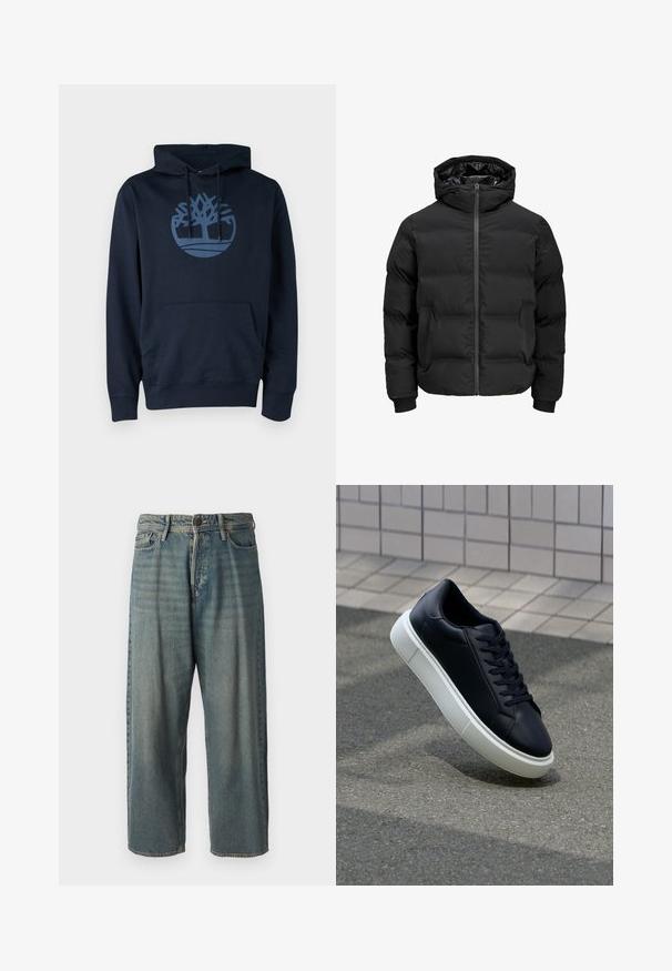 Čierna vypchatá bunda s kapucňou, s predným zipsom, patentnými manžetami a hladkým povrchom. Žiadne viditeľné logá ani vzory.; Námořnická modrá mikina s kapucí vyrobená z polyesterové směsi, s přední kapsou a kulatým logem stromu ve světle modré barvě na hrudi.; Svetlomodré denimové nohavice so voľným strihom, stredne vysokým pásom a rovnými nohavicami. Obsahujú päť vreciek, pútka na opasok a zapínanie na gombík.; Čierne kožené tenisky s okrúhlou špičkou a bielou gumovou podrážkou. Majú ploché šnúrky a minimálne šitie na vrchu. Textúrovaná podrážka pre lepšiu priľnavosť.