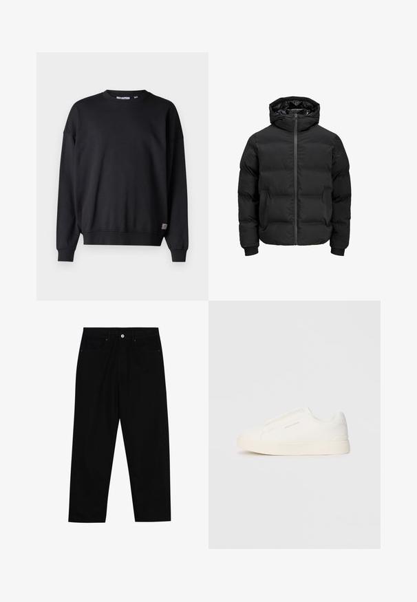 Black padded jacket with a hood, featuring a front zipper closure, ribbed cuffs, and a smooth texture. No visible logos or patterns.; Black sweatshirt with long sleeves, crew neckline, ribbed cuffs, and hem. Made from soft fabric, features a small logo patch at the bottom.; Black denim pants featuring a straight-leg cut, five-pocket design, and a front button closure. Smooth texture with minimal stitching details.; White slip-on sneakers with a textured surface, a thick sole, and minimalistic design. Features brand logo on the side.