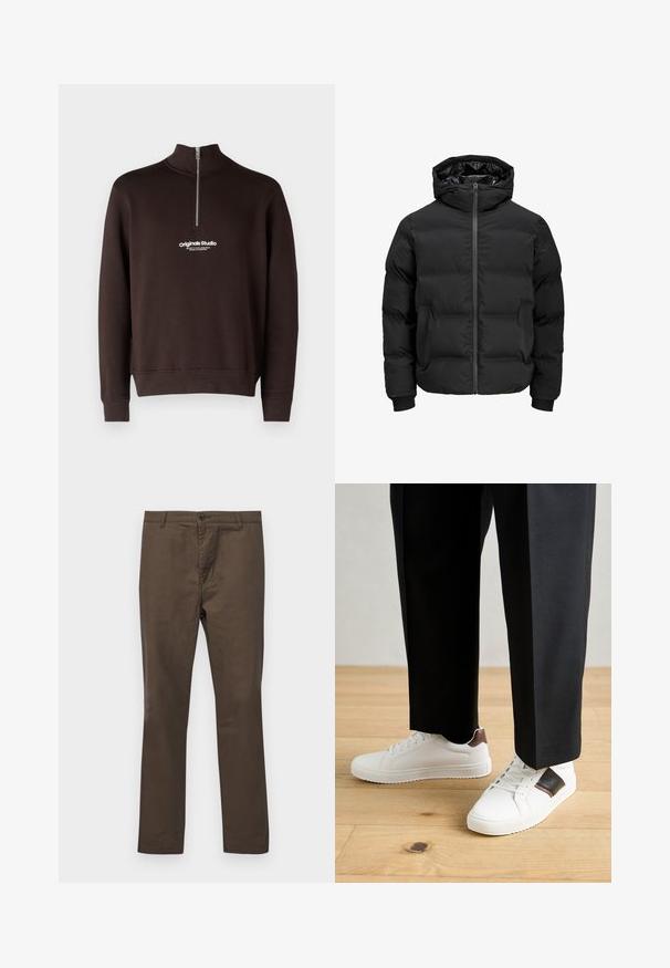 Czarna ocieplana kurtka z kapturem, z przodem zapinanym na zamek błyskawiczny, ściągaczami przy mankietach oraz gładką fakturą. Brak widocznych logotypów lub wzorów.; Brązowa bluza z wysokim kołnierzem i pół-zapięciem. Posiada białe logo "originals Studio" na piersi; ściągacze na rękawach i u dołu.; Brązowe bawełniane spodnie o prostym kroju, z zapięciem na guzik oraz szlufkami na pasek, gładka tekstura bez wzorów czy akcentów.; Białe trampki o gładkiej fakturze, z brązowymi skórzanymi akcentami i czarnymi detalami, zestawione z czarnymi eleganckimi spodniami. Tło stanowi drewniana podłoga.