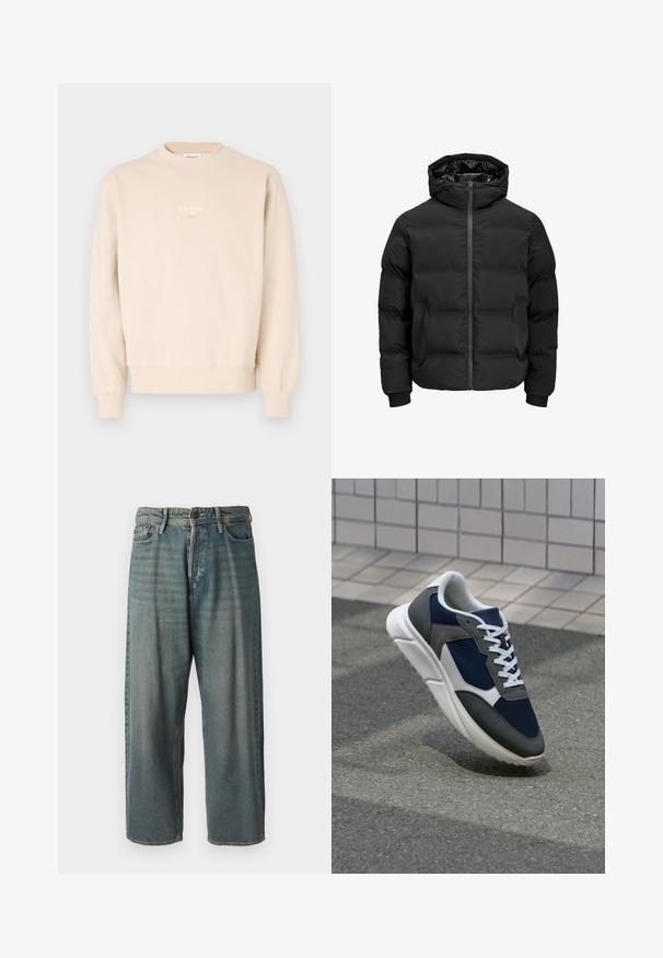 Melna siltināta jaka ar kapuci, ar priekšējo rāvējslēdzēju, ribotu aproču un gludu tekstūru. Nav redzamu logo vai rakstu.; Bežs svīteris, izgatavots no mīksta auduma, ar apaļu kakla izgriezumu, ribotām aprocēm un mazu baltu logo uz krūtīm.; Gaiši zili džinsi ar brīvu piegriezumu, vidējo jostas augstumu un taisnām kājām. Satur piecas kabatas, jostas cilpas un pogu aizdari.; Sporta apavi ar tumši zilas krāsas tīkla augšdaļu, pelēku zamšādas akcentiem, baltu gumijas zoli un plakaniem baltiem šņorēm, kas izstrādāti komfortam un elpojamībai.