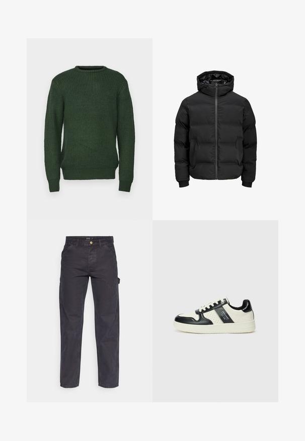 Zwarte gewatteerde jas met capuchon, voorzien van een ritssluiting aan de voorkant, geribde boorden en een gladde textuur. Geen zichtbare logo's of patronen.; Brave Soul BINARY - Trui - army green/black; Donkergrijze cargobroek van duurzaam materiaal, met een rechte pijp, vijf zakken en een knoopsluiting in de taille.; Leren sneakers met een zwart en crèmekleurig kleurenschema, voorzien van geperforeerde accenten, een gevoerde kraag en een gestructureerde buitenzool.