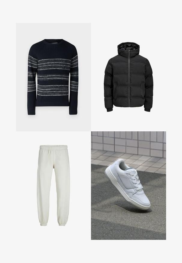 Black padded jacket with a hood, featuring a front zipper closure, ribbed cuffs, and a smooth texture. No visible logos or patterns.; Jack & Jones JJPANNEL - Jumper - navy; White sweatpants made from soft fabric, featuring an elastic waistband and cuffs, with a smooth texture and loose-fitting design.; White leather sneaker with perforated sides, textured accents, flat laces, and a contrasting gray heel. Features a slightly elevated sole.