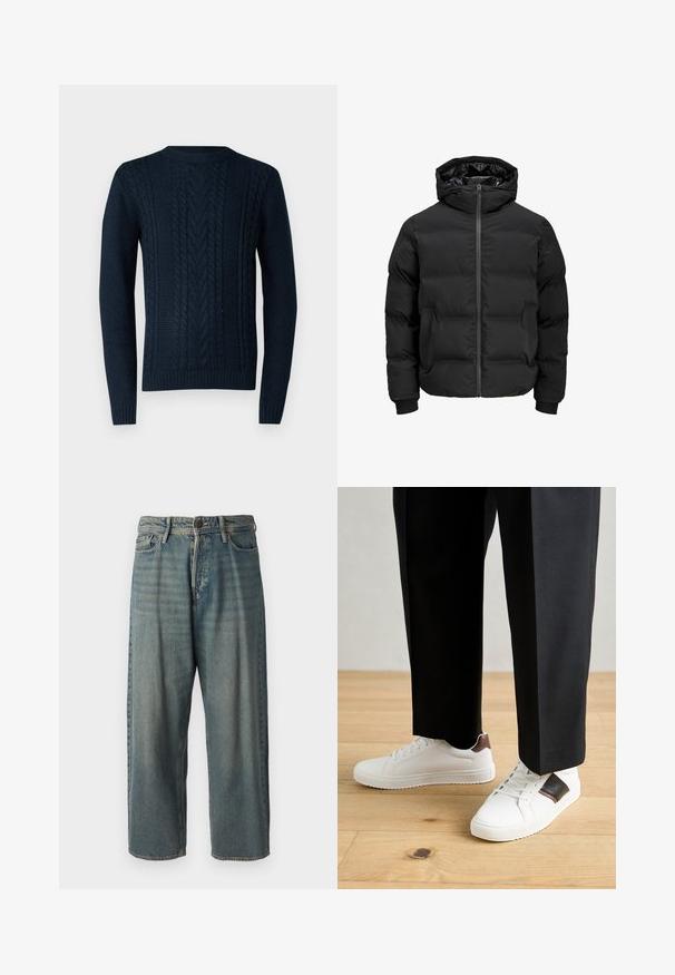 Schwarze gepolsterte Jacke mit Kapuze, ausgestattet mit einem Reißverschluss auf der Vorderseite, gerippten Ärmelbündchen und einer glatten Textur. Keine sichtbaren Logos oder Muster.; Marineblauer Strickpullover mit Kabelmustern, standard rundem Halsausschnitt sowie gerippten Bündchen und Saum. Hergestellt aus strukturiertem Garn.; Helle blaue Denim-Jeans mit lockerer Passform, mittelhoher Taille und geraden Beinen. Hat fünf Taschen, Gürtelschlaufen und einen Knopfverschluss.; Weiße Sneakers mit glatter Textur, versehen mit braunen Lederakzenten und schwarzen Details, kombiniert mit schwarzen maßgeschneiderten Hosen. Hintergrund aus Holzboden.