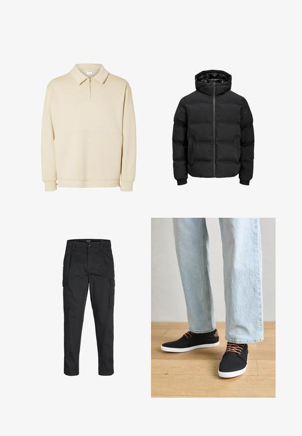 Black padded jacket with a hood, featuring a front zipper closure, ribbed cuffs, and a smooth texture. No visible logos or patterns.; Beige pullover sweatshirt made of soft fabric, featuring a zippered neck, a collar, and a relaxed fit with a simple horizontal seam detail.; Black cargo pants made of sturdy fabric, featuring multiple pockets, a button closure, and a slim fit design with tapered legs.; Black canvas sneakers with brown accents, white rubber soles, and brown laces, paired with light blue straight-leg jeans. Wood floor background.
