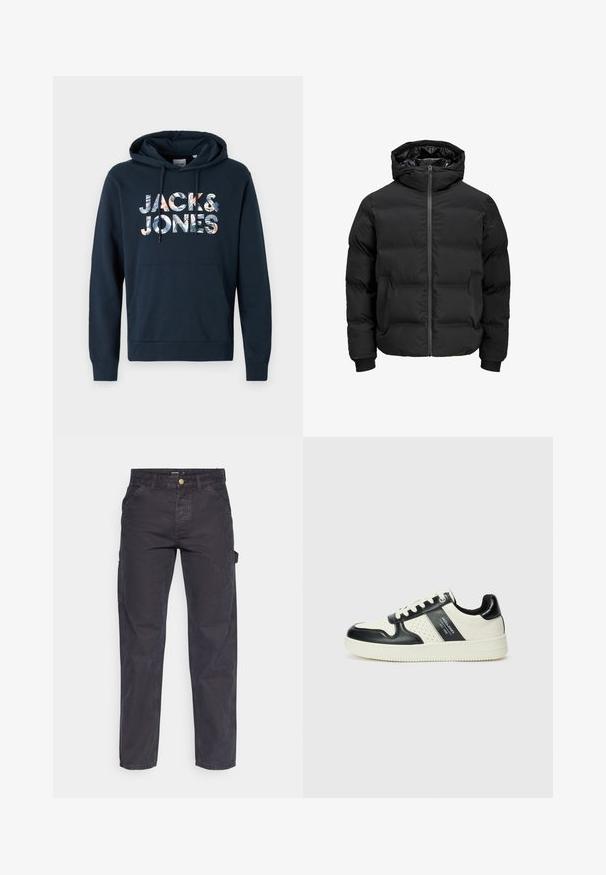 Schwarze gepolsterte Jacke mit Kapuze, ausgestattet mit einem Reißverschluss auf der Vorderseite, gerippten Ärmelbündchen und einer glatten Textur. Keine sichtbaren Logos oder Muster.; Marineblauer Hoodie mit Kängurutasche, Kapuze mit Kordelzug und einem grafischen "JACK & JONES"-Druck, der florale Muster in verschiedenen Farben zeigt.; Dunkelgraue Cargo-Hosen aus strapazierfähigem Stoff, mit geradem Bein, fünf Taschen und einem Knopfverschluss an der Taille.; Leder-Sneaker in Schwarz- und Cremetönen, mit perforierten Akzenten, einem gepolsterten Kragen und einer strukturierten Laufsohle.