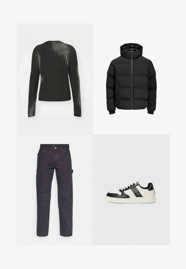 Juoda paminta striukė su gobtuvu, su priekiniais užtrauktukais, raštuotais rankogaliais ir lygia tekstūra. Nėra matomų logotipų ar raštų.; Juodas raukšlėtas megztinis su ilgomis rankovėmis, turintis apvalų iškirpimą ir struktūrinį raštą per visą audinį. Paprastas ir prigludęs dizainas.; Tamsiai pilkos krovininės kelnės, pagamintos iš patvarios medžiagos, su tiesaus kirpimo, penkiomis kišenėmis ir mygtukiniu užtrauktuku liemens srityje.; Odiniai sportbačiai juodos ir kreminės spalvų schemoje, su perforuotais akcentais, paminkštinta apykakle ir tekstūruotu padu.