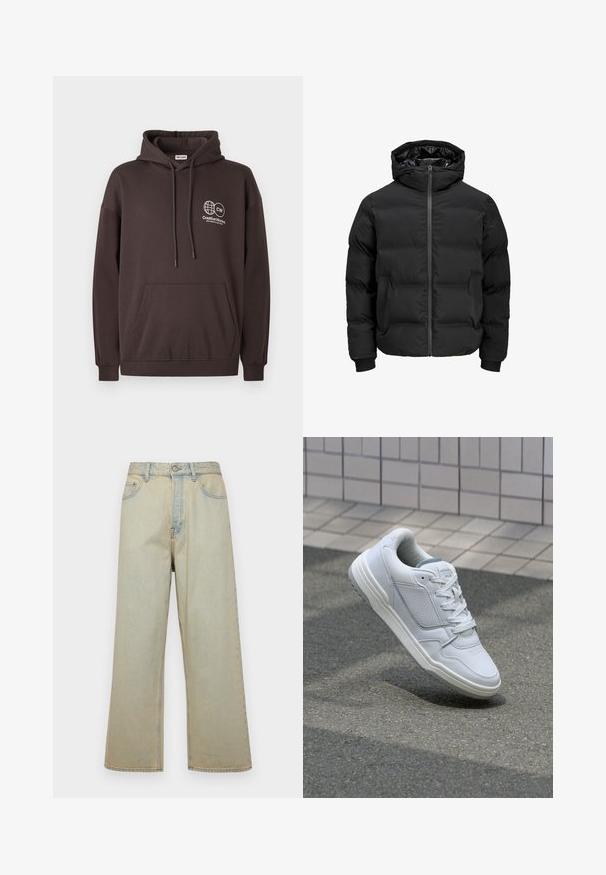 Juoda paminta striukė su gobtuvu, su priekiniais užtrauktukais, raštuotais rankogaliais ir lygia tekstūra. Nėra matomų logotipų ar raštų.; Tamsiai rudas gobtuvėlis, pagamintas iš medvilnės mišinio, su priekiu kišene ir baltu logotipu su žemėlapiu bei tekstu kairiajame krūtinės kampe.; Šviesiai mėlynos platėjančios džinsai, pagaminti iš audinio su nusidėvėjusiu efektu. Turi penkias kišenes ir priekinį mygtuką.; Baltos odinės sportinės bateliai su perforuotais šonais, tekstūruotais akcentais, plokščiomis raištelėmis ir kontrastingu pilku kulnu. Yra šiek tiek pakelti padas.