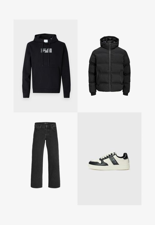 Svart vadderad jacka med huva, med dragkedja fram, ribbade muddar och en slät yta. Inga synliga logotyper eller mönster.; Svart hoodie gjord av mjukt material, med en framficka i känguru-stil och en tryckt logotyp över bröstet. Långa ärmar med ribbade muddar.; Svarta vida jeans i denim; har en klassisk femfickorsdesign, robust sömnad och knäppning i midjan.; Läder sneakers med en svart och krämfärgad färgsättning, med perforerade detaljer, en vadderad krage och en strukturerad yttersula.