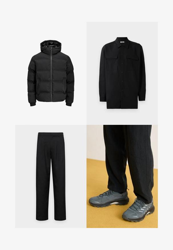 Black padded jacket with a hood, featuring a front zipper closure, ribbed cuffs, and a smooth texture. No visible logos or patterns.; Black button-up shirt made of smooth fabric, featuring a classic collar, two front pockets, and long sleeves with button cuffs.; Black trousers made of smooth fabric, featuring a straight-leg design, two front pleats, and standard waistband with belt loops.; Gray mesh and synthetic athletic shoes with prominent tread, reflective accents, and a lace-up design, paired with loose black pants.
