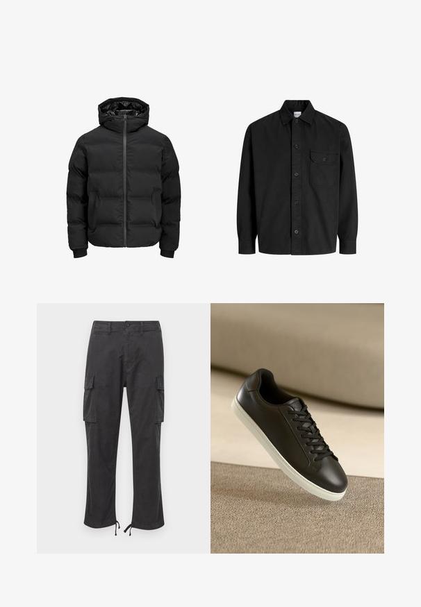 Črna podložena jakna s kapuco, z zadrgo na sprednji strani, rebrastimi manšetami in gladko teksturo. Brez vidnih logotipov ali vzorcev.; Črna dolga srajca s poudarjeno zapenjanjem in ovratnikom, ki ima en sam žep na prsih s pokrovčkom na gumb.; Črne cargo hlače z dvema stranskima žepoma, nastavljivimi manšetami na vrvico, zapiranjem na gumb in gladko, trpežno teksturo tkanine.; Črne usnjene superge z belo gumijasto podplatom in črnimi vezalkami, postavljene na bež tkaninsko površino in ozadje.