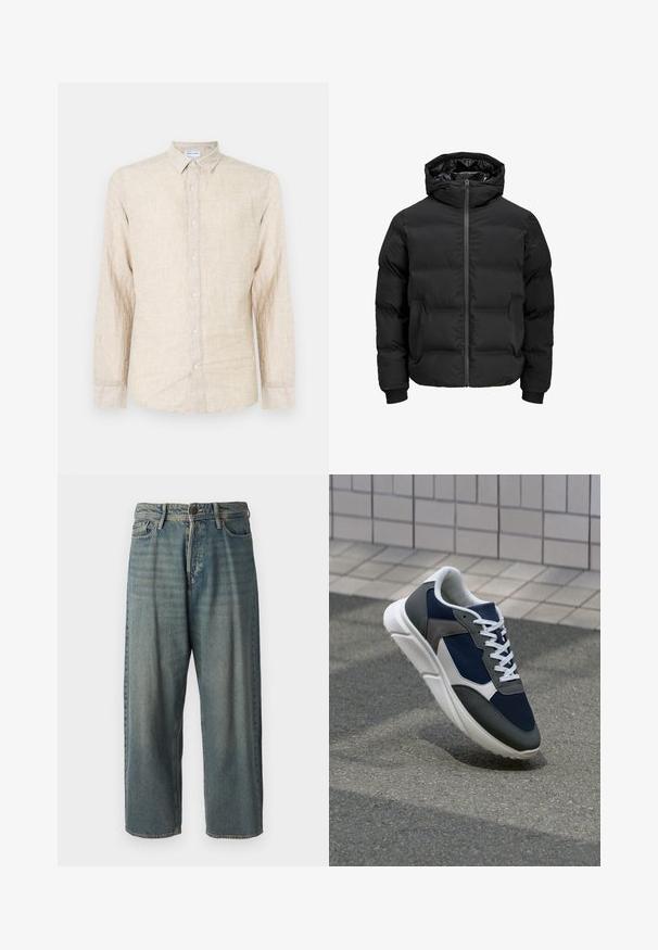 Črna podložena jakna s kapuco, z zadrgo na sprednji strani, rebrastimi manšetami in gladko teksturo. Brez vidnih logotipov ali vzorcev.; Bež srajca z dolgimi rokavi, izdelana iz teksturirane tkanine, z klasičnim ovratnikom, zapiranjem na gumb in sproščenim krojem.; Svetlomoderne kavbojke z ohlapnim krojem, srednjim pasom in ravnimi nogami. Imajo pet žepov, zanke za pas in zapiranje na gumb.; Superge z zgornjim delom iz mrežaste tkanine v mornarsko modri barvi, sivi usnjeni poudarki, belo gumijasto podplato in ravnimi belimi vezalkami, zasnovane za udobje in zračnost.