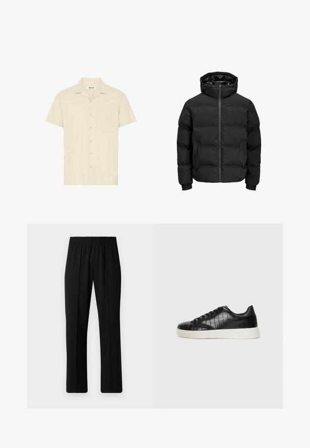 Sort polstret jakke med hætte, der har en frontlynlås, ribbede manchetter og en glat tekstur. Ingen synlige logoer eller mønstre.; Kortærmet skjorte med krave i lys beige stof, der har en lomme foran og en knaplukning med fem knapper.; Sorte bukser med elastisk talje og lige ben, der har en glat tekstur og ingen synlige mønstre eller hardware.; Sorte sneakers med en struktureret krokodillepræget læderoverdel, rund tå og en kontrasterende hvid gummisål med en glat finish.