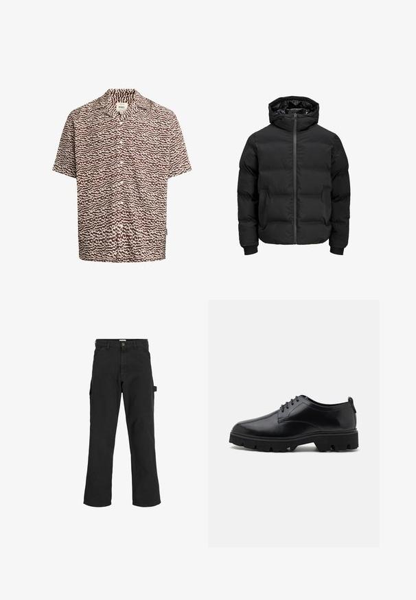 Černá polstrovaná bunda s kapucí, má přední zip, manžety s žebrováním a hladký povrch. Bez viditelných log a vzorů.; Redefined Rebel REMY SHIRT - Košile - brown; Černé cargo kalhoty z bavlněné směsi. Mají široké nohavice, přední šikmé kapsy a boční kapsu s poutkem na doplňky.; Černé kožené boty s hladkým povrchem, šněrovacím designem a silnou, robustní gumovou podrážkou s hlubokými drážkami pro trakci.