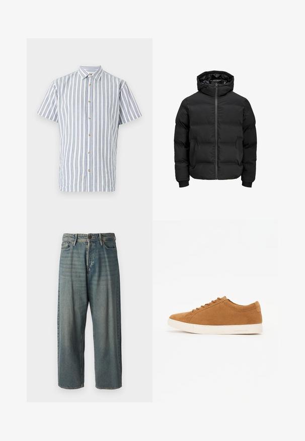 Giacca imbottita nera con cappuccio, dotata di chiusura frontale con zip, polsini a coste e una texture liscia. Senza loghi o fantasie visibili.; Camicia a maniche corte a righe azzurro chiaro e bianche, con chiusura frontale a bottoni e bottoni beige. Realizzata in tessuto testurizzato.; Jeans di denim azzurro chiaro con vestibilità ampia, vita media e gambe dritte. Presenta cinque tasche, passanti per cintura e chiusura con bottone.; Sneaker in suede marrone con design low-top, suola in gomma bianca e punta rotonda. Presenta lacci abbinati e una grafica minimal sul tallone.